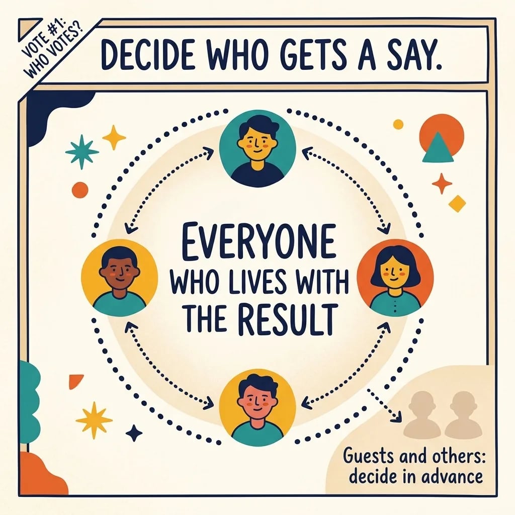Four people in a circle around the words 'Everyone who lives with the result', with a note that guests and others are decided in advance