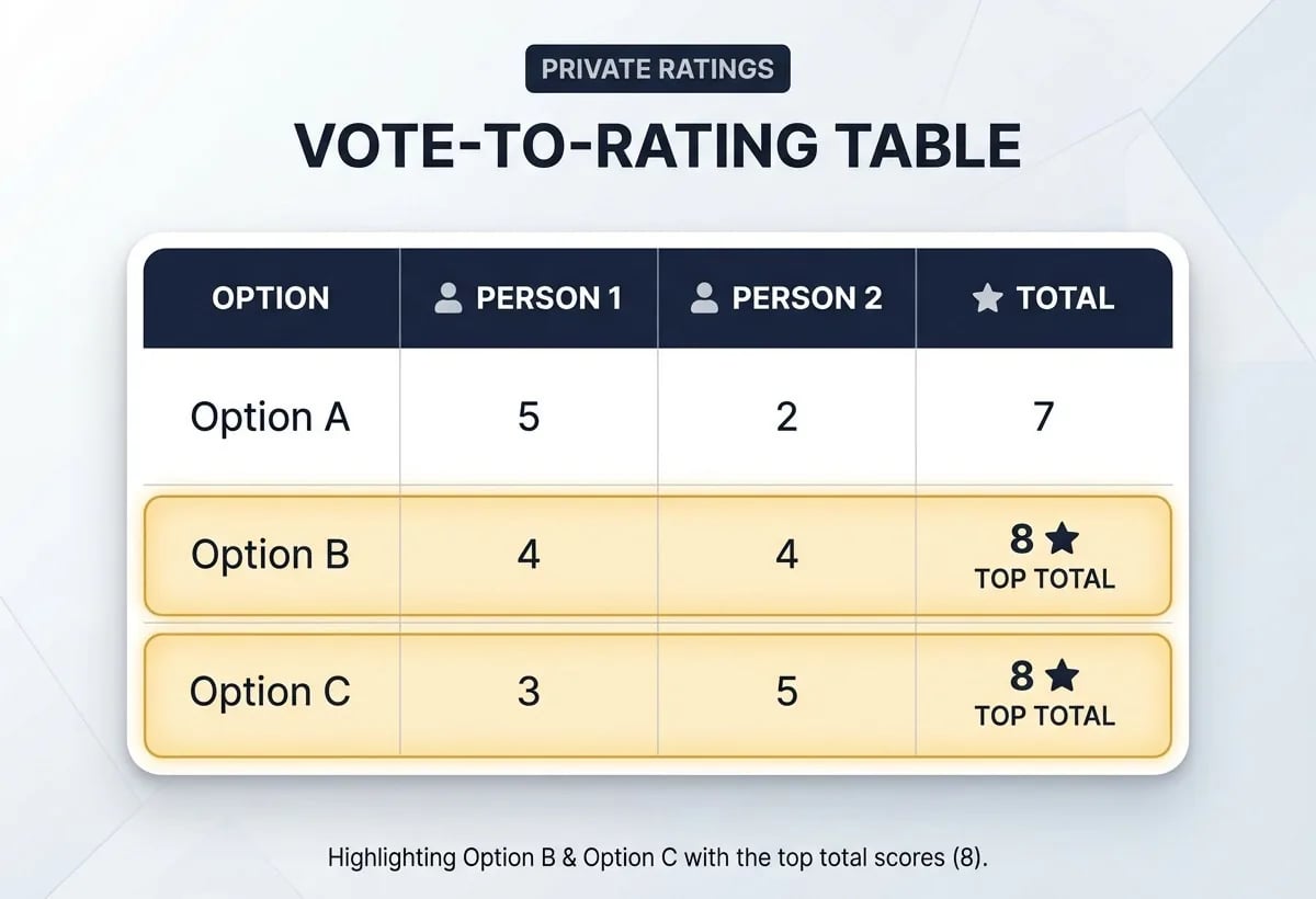 A rating table where two people score options A, B and C from one to five, with B and C tied at the top total of eight