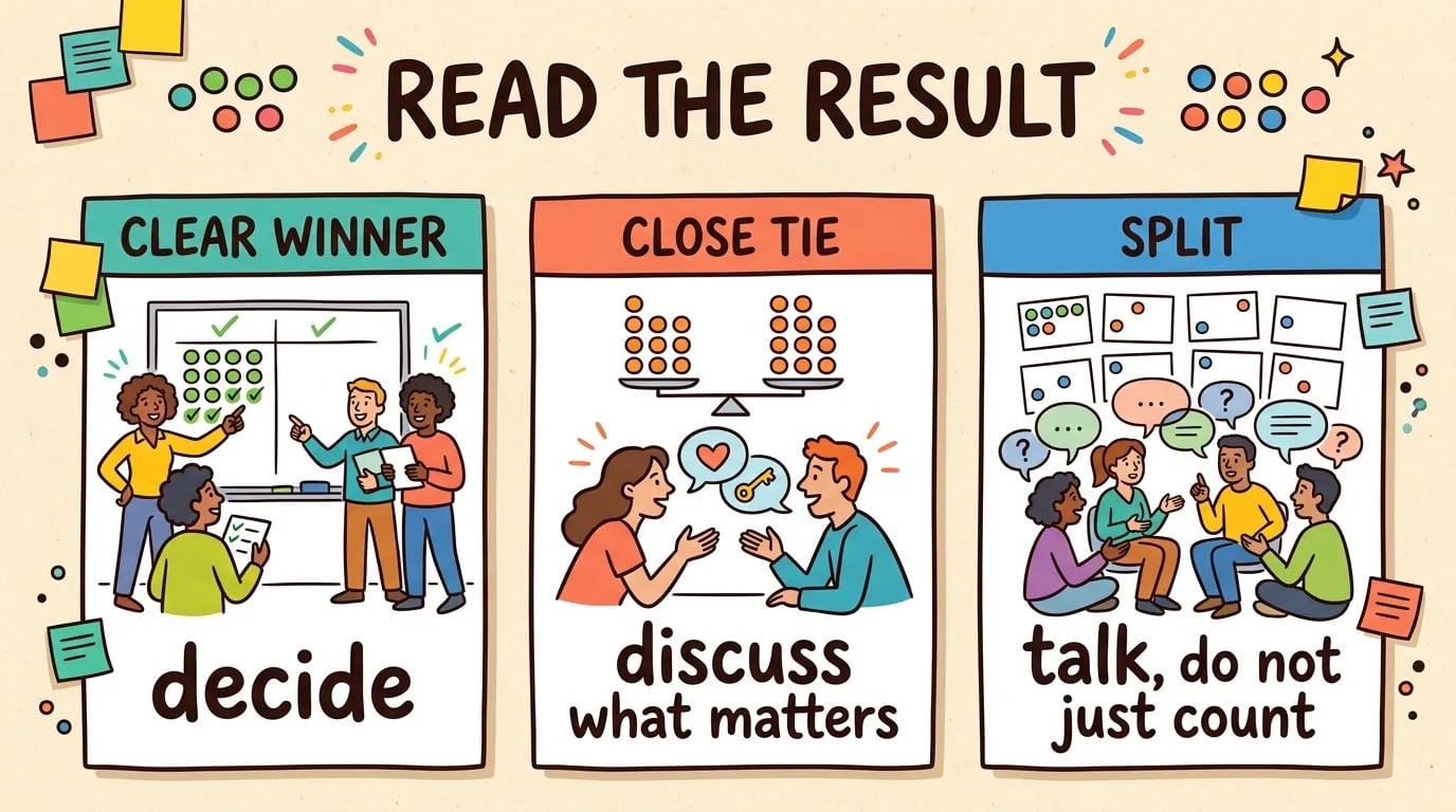 Three cards for reading a vote: clear winner means decide, close tie means discuss what matters, split means talk and do not just count