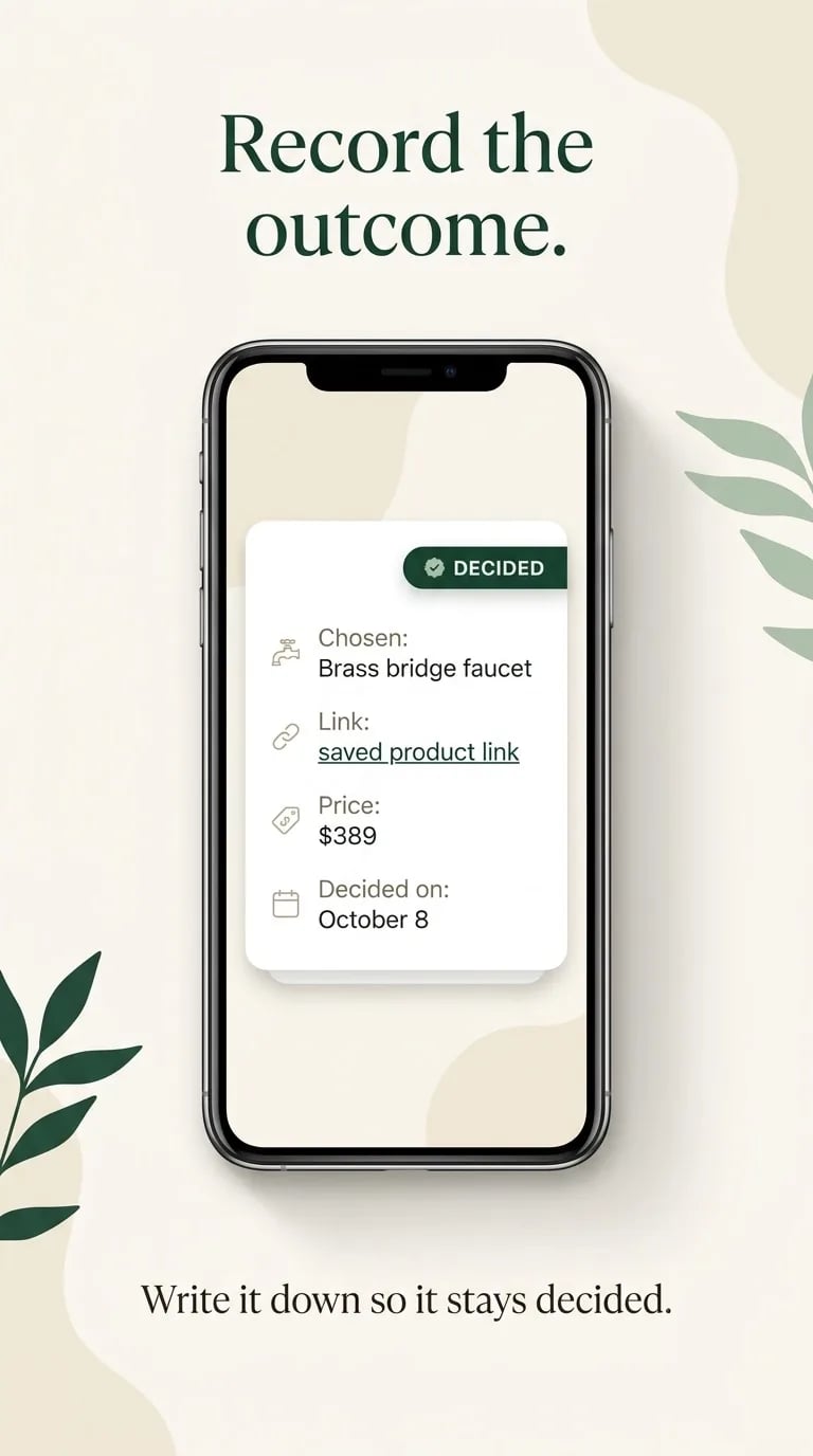 A phone showing a decision card with the chosen item, a brass bridge faucet, its saved product link, price and decision date, marked Decided